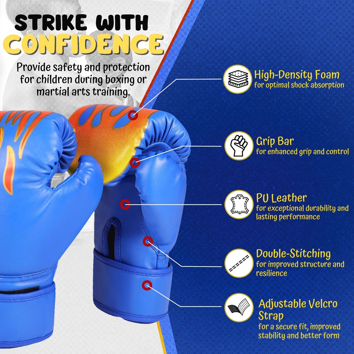 Kids Boxing Gloves For 3 to 8 Years, 4 oz Fire Blue Boxing Gloves for Children Sparring Youth Boxing Gloves Junior Training Mitts Punching Bag Gloves for KickBoxing, MMA, Muay Thai, Training
