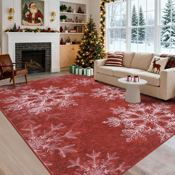 FairOnly Red 5'x7'Snowflakes Christmas Area Rug for Living Room Ultra Soft&Thin Low Pile Non Slip Floor Rug for Dining Room Kitchen Bedroom