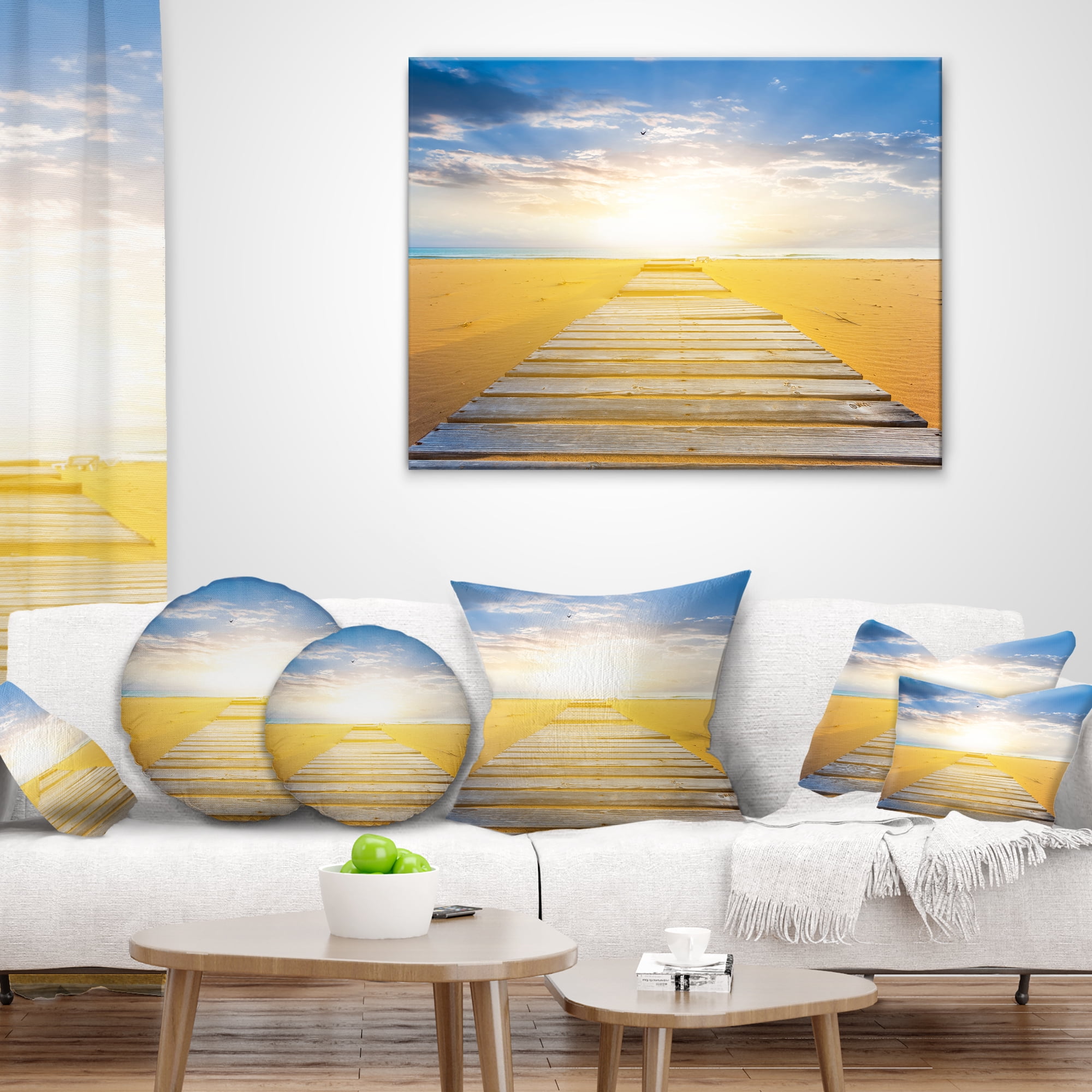 Designart Wooden Road at Blue Sea Beach - Sea Bridge Throw Pillow - 16x16