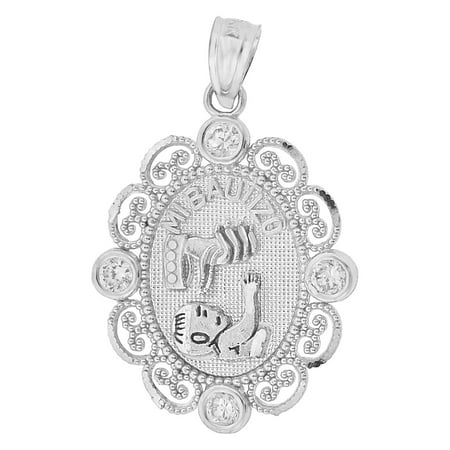 14k White Gold, Mi Bautizo Baptism Christening Religious Pendant Charm Lab Created CZ Crystals Oval Medal 14mm