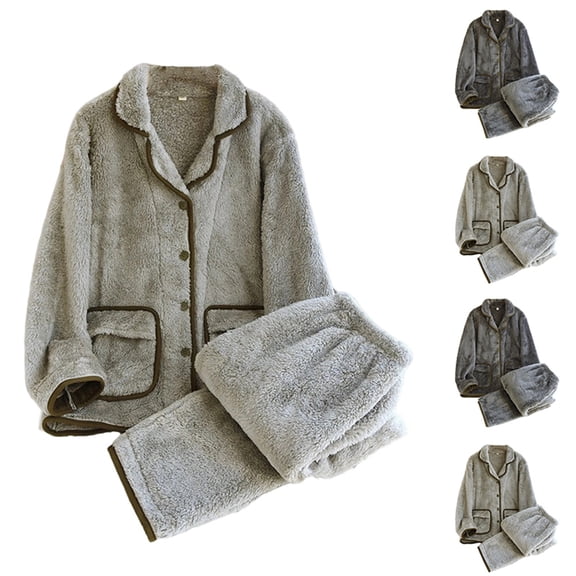 Couples Pajamas Matching Sets Soft Fleece Pajama Long Sleeve Button down Shirt and Pants 2 Piece Cozy Winter Notched Collar Sleepwear Loungewear with Pockets Dark Gray L