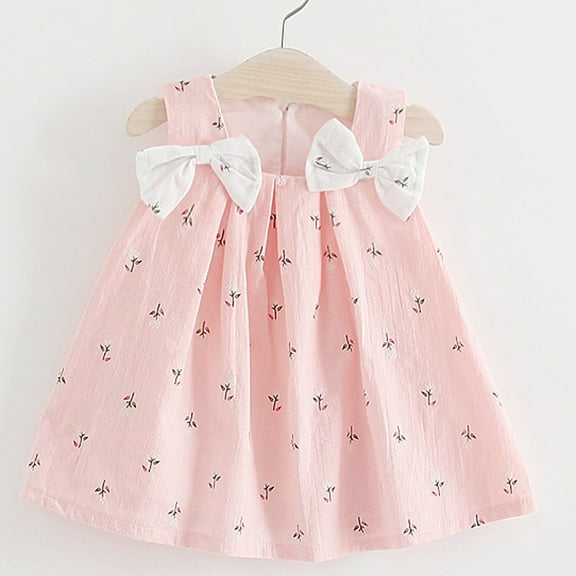 ATOGUTA Toddler Girl Dress Bow Print Floral Strap Princess Party Dress Pink, Sizes 6M-3T