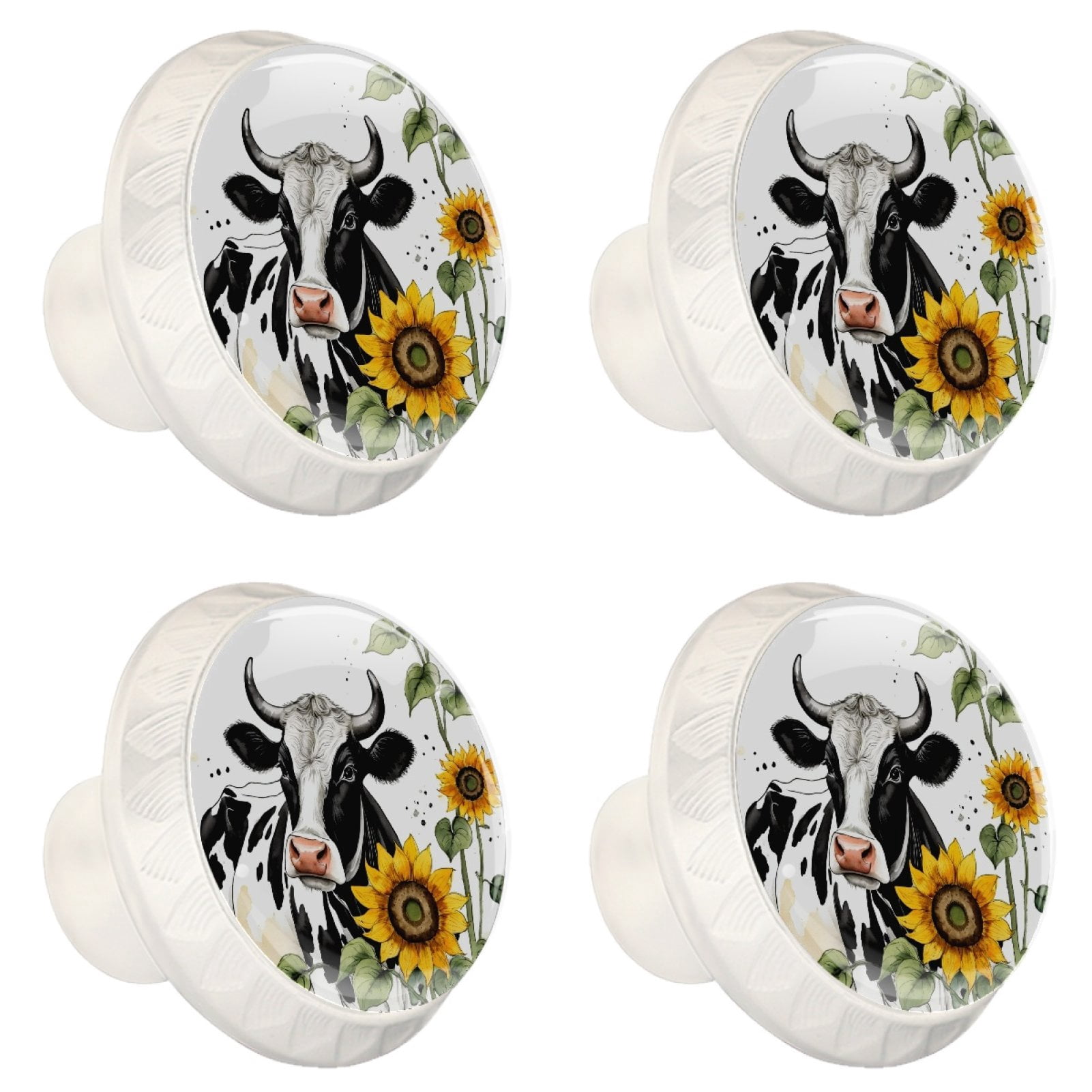 4 Pcs Cow and Sunflower Knobs for Kitchen Cabinet Cupboard Dresser Bookcase Drawer Pulls Handles Round Home Decor