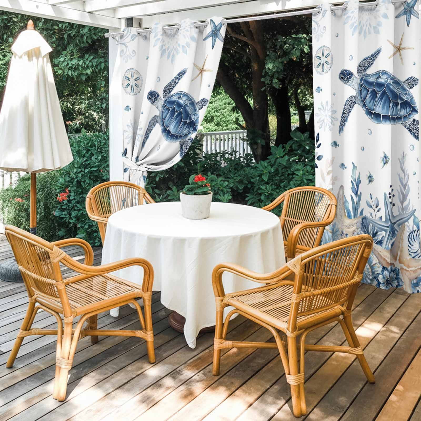 Ocean Turtles Outdoor Curtains for Patio, Blue Yellow Sea Star Shell Coral Sunshade Privacy Drapes Grommet Waterproof Outside Curtains for Porch/Cabana/Balcony 54"x 108", 1 Panel