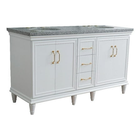 61 in. Double Wooden Vanity White Gray Granite Oval Sink