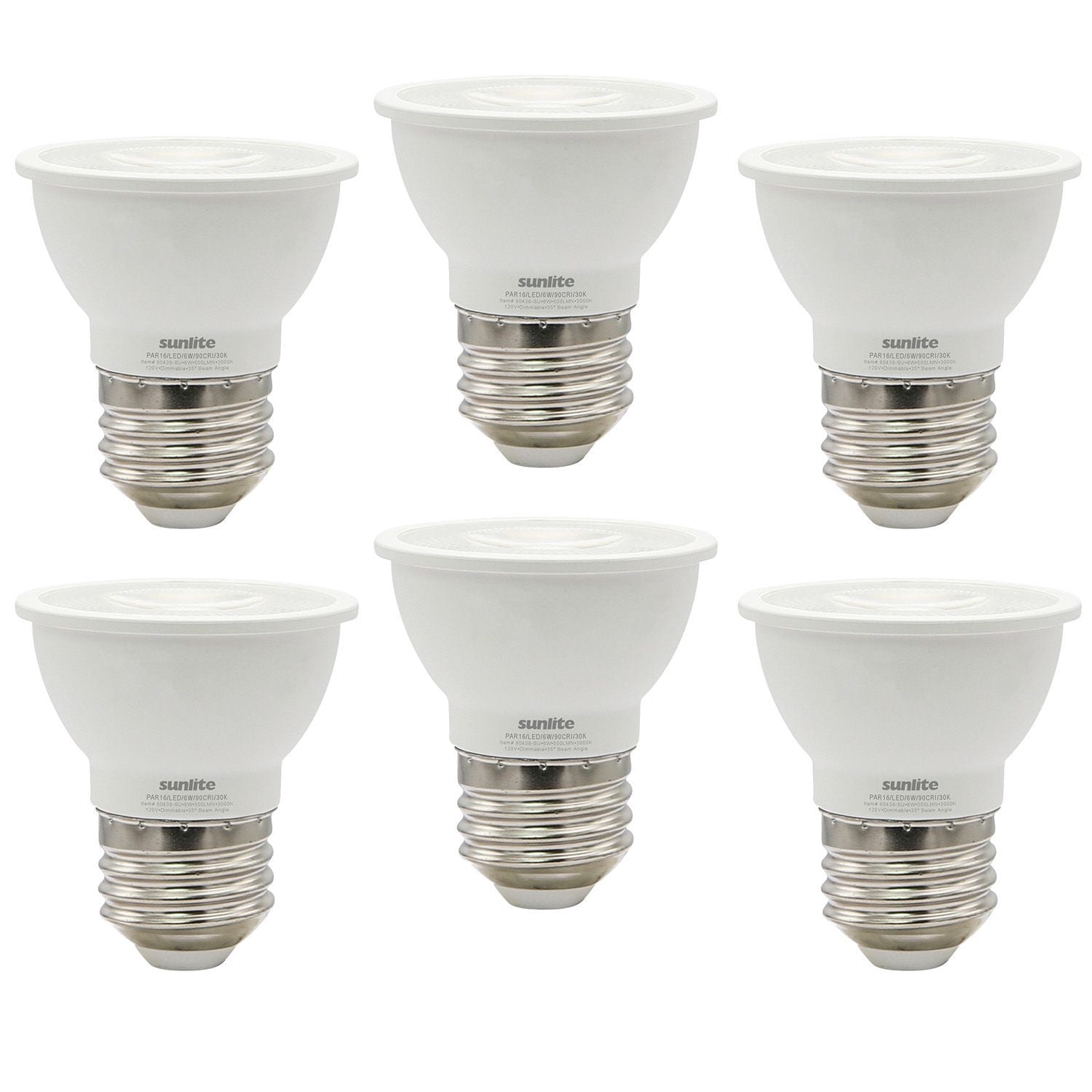 Sunlite LED PAR16 Short Neck Recessed Flood Light Bulb, 6 Watts (50W Halogen Replacement), Medium E26 Base, Dimmable, ETL Listed, 3000K Warm White, 6-Pack