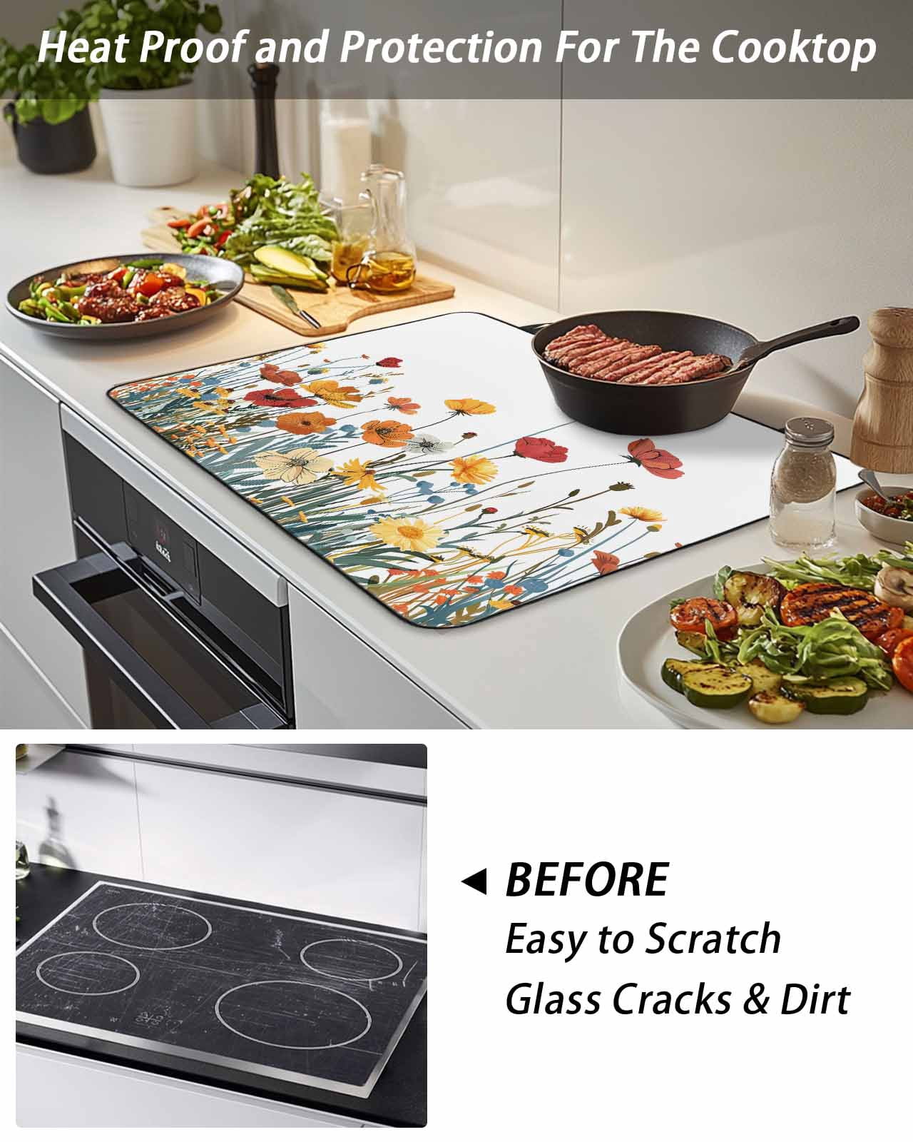 Stove Top Covers for Electric Stove, Spring Floral Glass Stovetop Cover Protector, Watercolor Elegant Botanical Summer Induction Cooktop Protector Oven Mat for Kitchen Countertop 24"x21"
