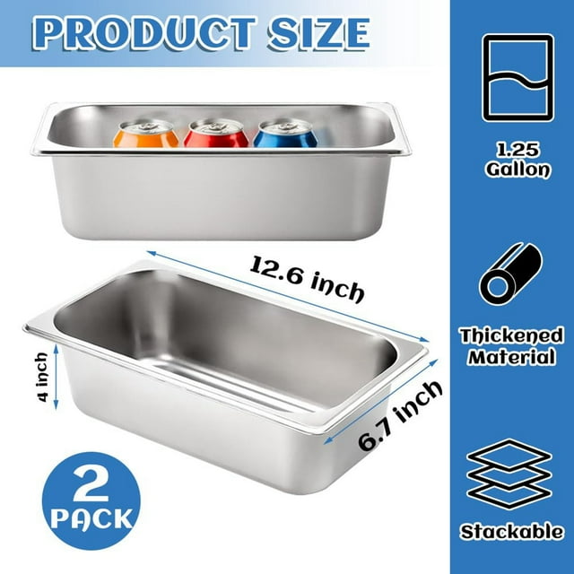 2 Pack Steam Table Pan with Lids, 1/3 Size 4 Inch Deep Stainless Steel Hotel Pans, Anti Jam Restaurant Pans for Kitchen