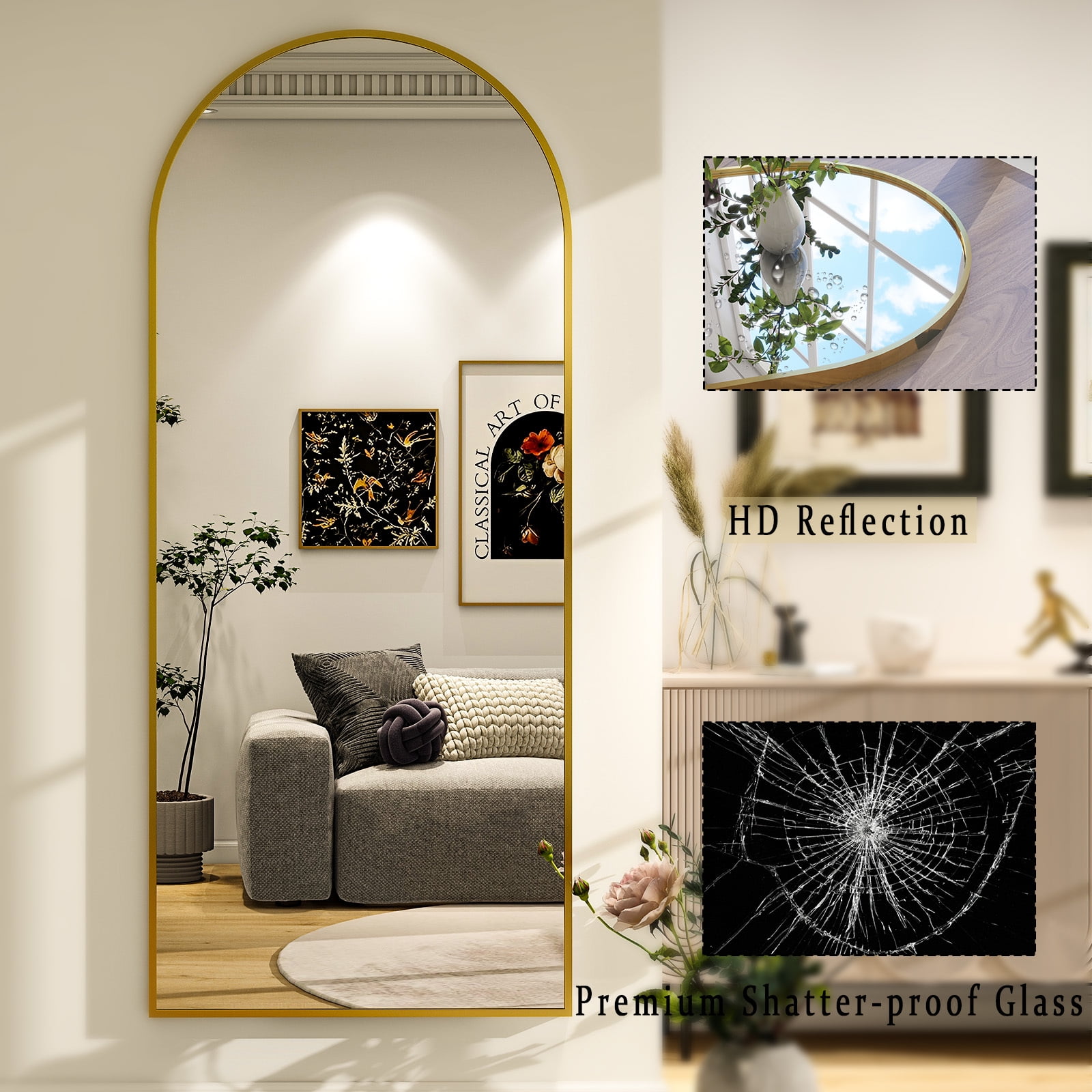 Anyrose 31x71 Full Length Mirror Arched Aluminum Alloy Framed Floor Mirror,Gold
