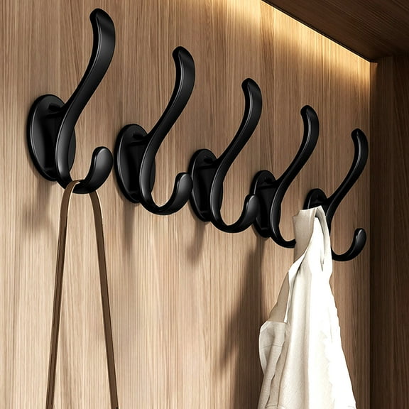Bxaolu Wall Mounted Coat Hooks 5 Pack Heavy Duty Plastic Robe Hooks Decorative for Single Hanging Coats Towel Wardrobe Cubicle Classroom Kitchen Bath Backpack Hat Hooks - Black