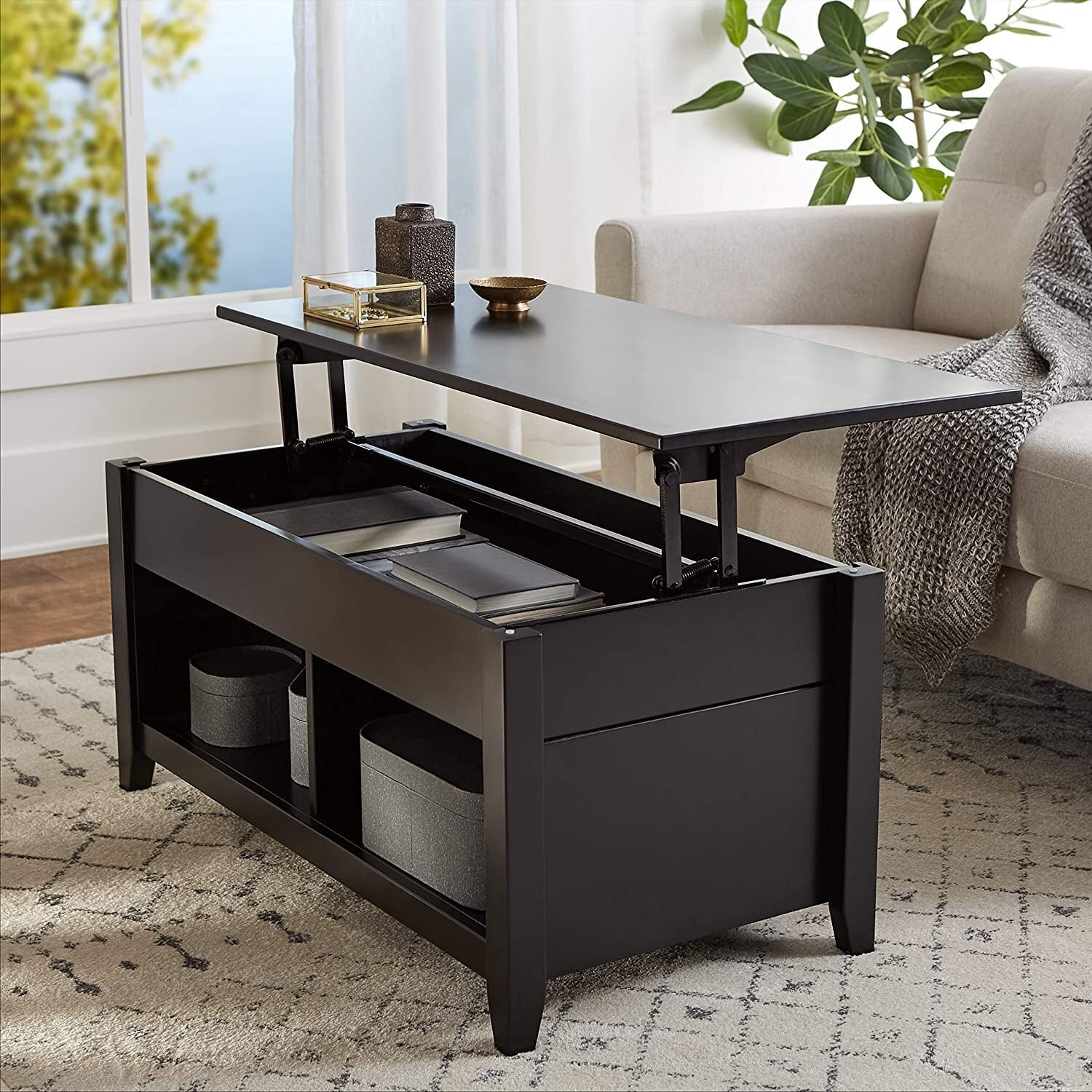 Lift Top Coffee Table W/ Hidden Compartment & Storage Shelves Modern ...