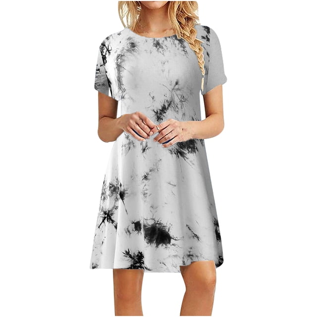 Pompotops Mode Femmes Casual Manches Courtes O-Cou Impression Dames en Vrac Mini Robe