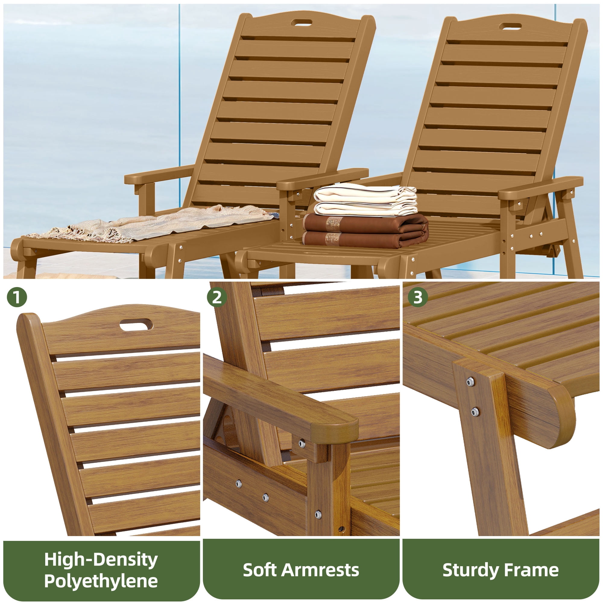 Uforic 2 Pcs Outdoor Chaise Lounge Chairs with Adjustable Backrest, Heavy Duty Hips Resin Patio Lounger with Wide Armrest