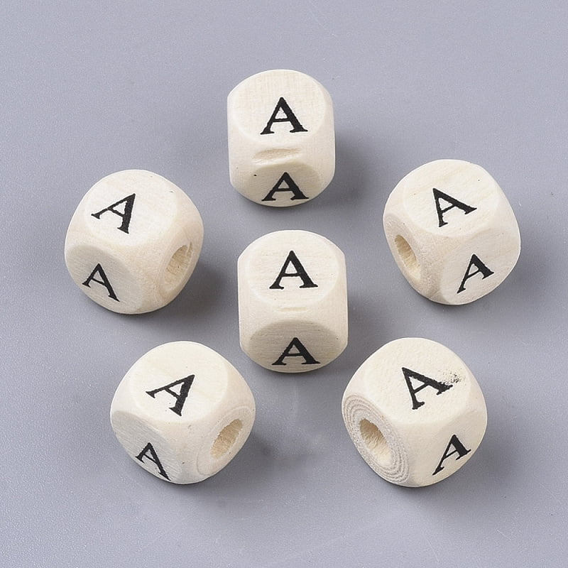 Printed Natural Wood Beads Horizontal Hole Cube with Initial Letter PapayaWhip Letter A 10x10x10mm Hole: 3.5mm about 950~1000pcs/500g
