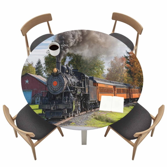 Steam Train Fitted Tablecloth with Elastic Edged, Round Table Cloth for Dining Table, Railroad Country Barn Rustic Trees Farmhouse Waterproof Oil Proof Table Cover for Indoor Outdoor 36"-44"