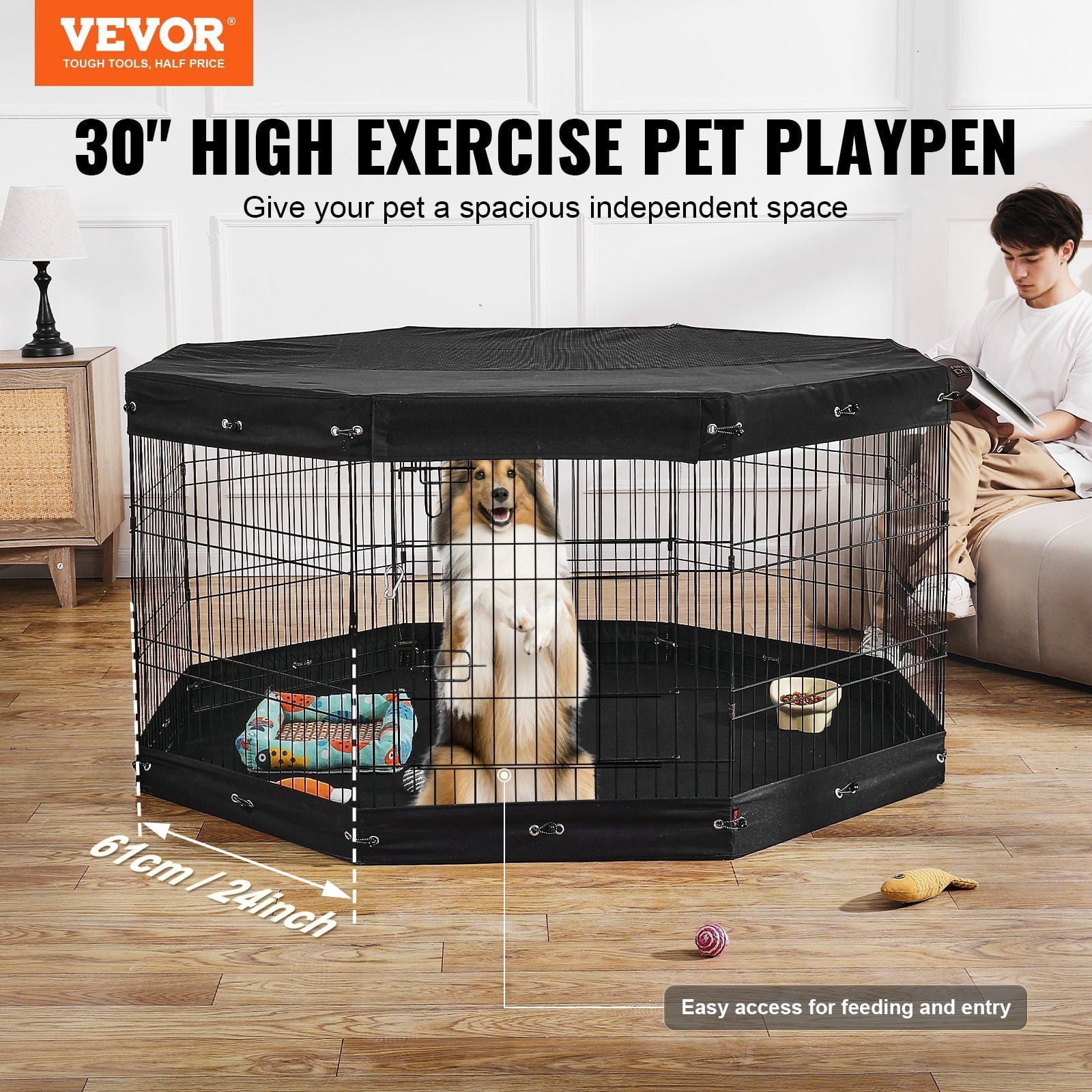 8 Panel 30 Inch High 24 Inch Wide Foldable Metal Dog Playpen with Door Bottom Pad Top Cover Indoor Outdoor Pet Exercise Pen for Dogs Cats Small Animals