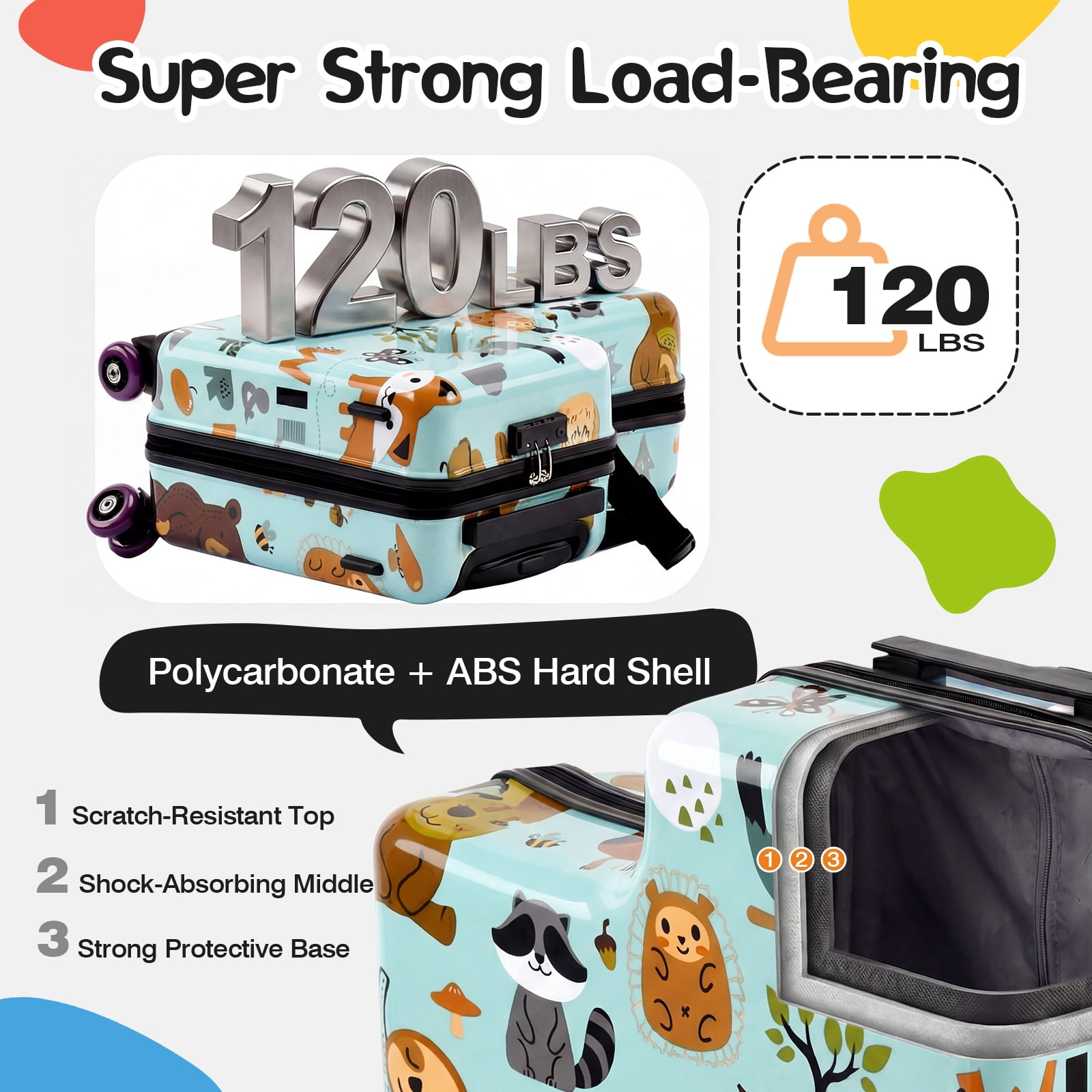 Advwin Kids Ride-On Luggage with Safety Belt, TSA Lock & Footrest, Hardside Spinner Travel Suitcase for Children, Green Wildlife Theme