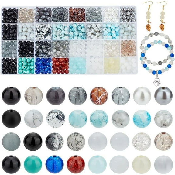960pcs 8mm Glass Beads for Jewelry Making - 32 Styles Black Marble Round Loose Beads for Bracelet Necklace Eid Ramadan Decoration