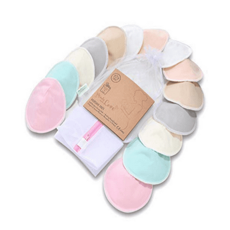Organic Bamboo Nursing Breast Pads - 14 Washable Pads + Wash Bag - Breastfeeding Nipple Pad for Maternity - Reusable Nipplecovers for Breast Feeding (Pastel Touch, Large (Best Reusable Nursing Pads)