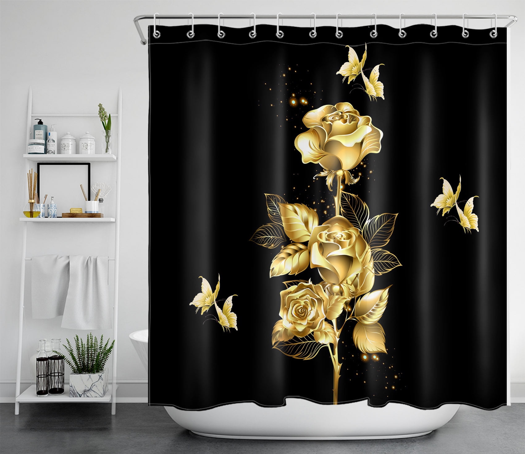 HVEST Rose Shower Curtain Black and Golden Shower Curtain for Bathroom,Flower and Butterfly Bath Accessories Polyester Waterproof Durable Fabric curtain with Hooks 70x69 Inches