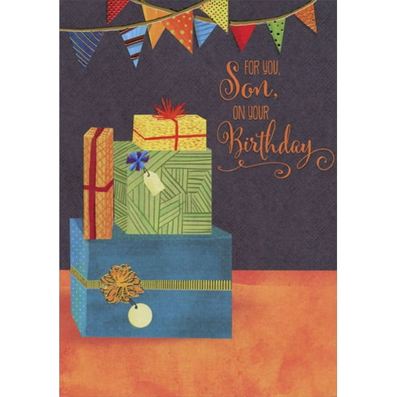 Designer Greetings Stack of Gifts and Hanging Party Flags Birthday Card for Son