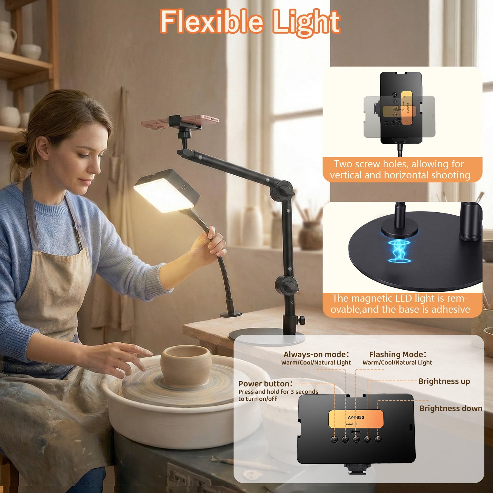 HAARAY Overhead Phone Mount with 1800mAh Magnetic Rechargeable Light for Desk, 90 LED Dimmable Selfie Light with 3-Stage Adjustable Stand & Remote, Phone Tablet Stand for Video Recording, Live Stream