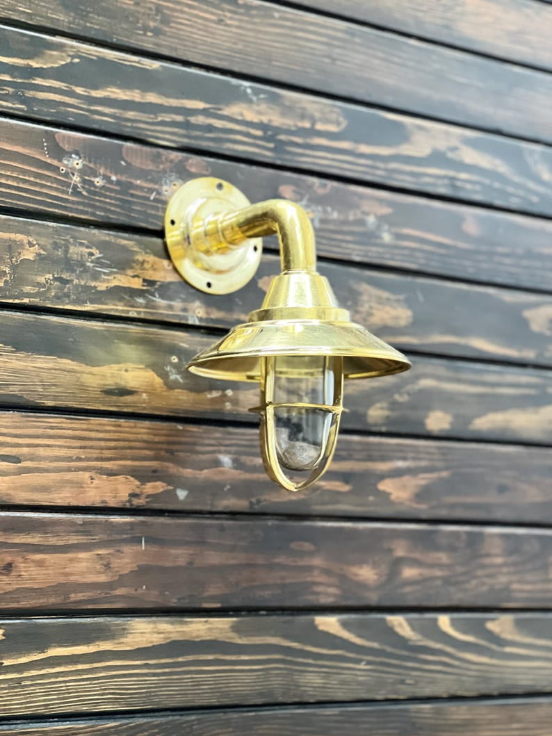 Vintage Brass Nautical Wall Light with Shade – Outdoor/Indoor Sconce with Cage and Glass Cover