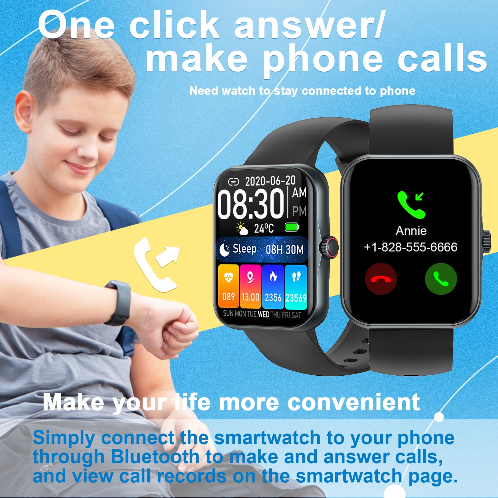 PTHTECHUS 1.83'' Smart Watch for Kids Sport Smartwatch with 37 Sports Modes DIY Watch Touchscreen Phone Calls Music Calculator Excellent Gift for Teenage(Black)