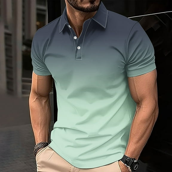 Teissuly Men's Casual Gradient Short Sleeved Lapel Button Up T-shirt Top