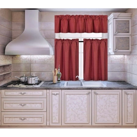 Red Kitchen Curtains K3 Red 3-Piece Blackout Rod Pocket Kitchen Window Curtain Set Darkening Tier Panels Treatment with Matching Valance ()