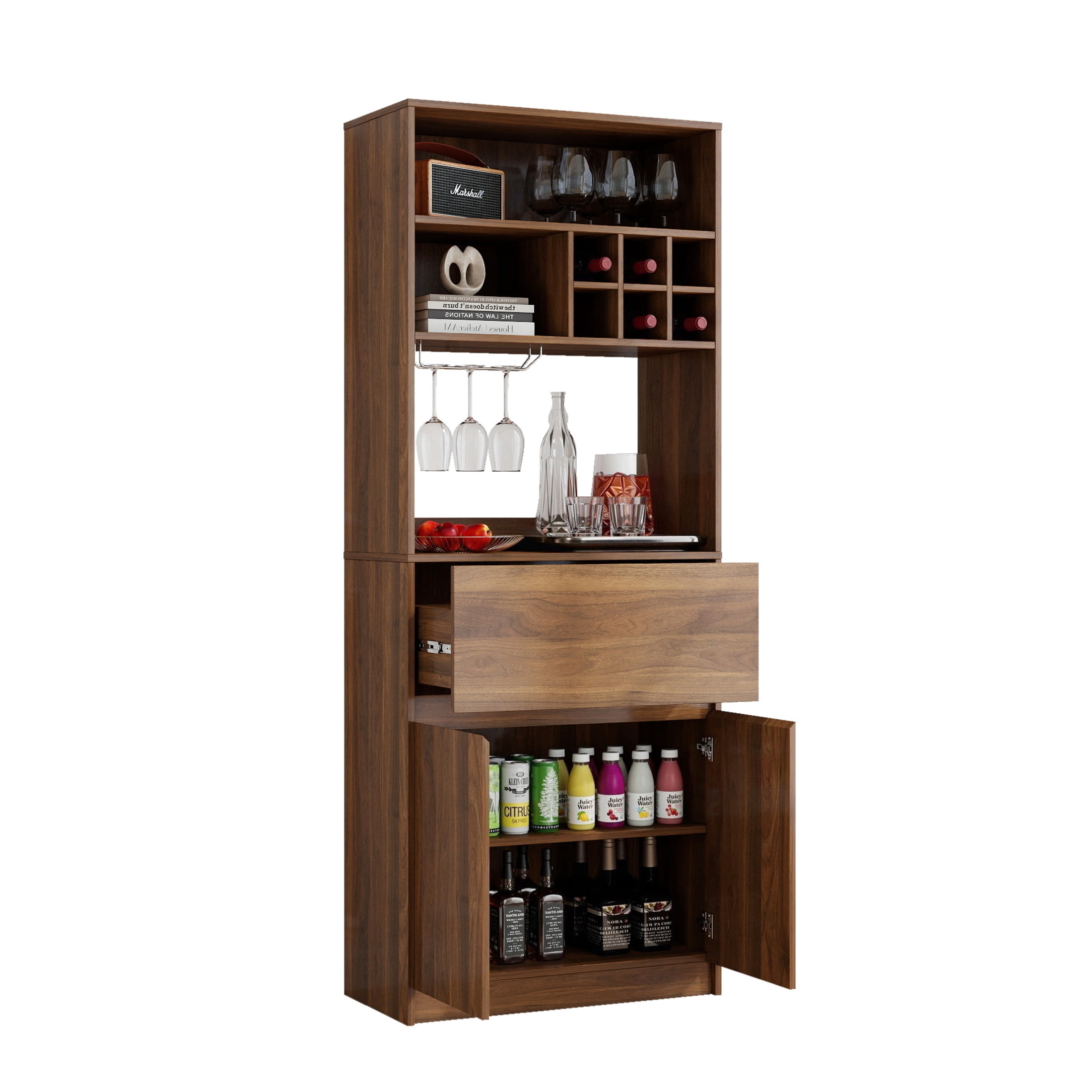 Noble House Oprah Multi-Functional Kitchen Wine Cabinet with 6-Bottle & Glass Rack, Wooden Buffet Organizer, Walnut