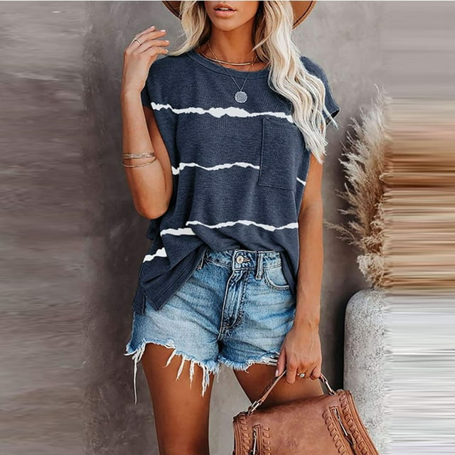 CHGBMOK Hauts d'Été Grande Taille pour Femmes Mode Femmes Décontracté Ample Imprimé Col Rond Manches Courtes T-Shirt Blouse Rayée Hauts de Plage d'Été en Liquidation