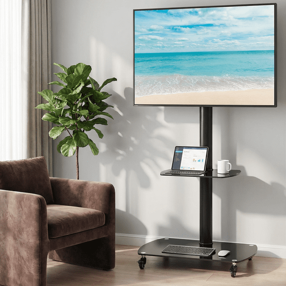 Mobile TV Stand with Wheels for 32-65 inch TVs, Height Adjustable Rolling TV Cart with Tempered Glass Shelves, Black Metal Frame