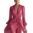 thumbnail image 4 of Elegant Pink Long Mesh Bishop Sleeve Dress With Flared Hem And Stand Collar, 4 of 6