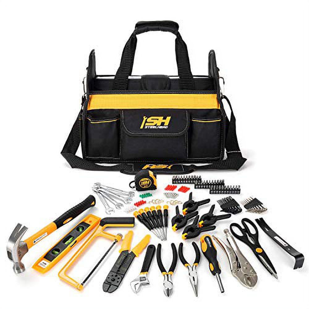 STEELHEAD 117-Piece Tool Set, Screwdriver Handle, 33 Bits, Screwdrivers, Pliers, Tape Measure, 9” Level, Hammer, Prybar, Wrenches, Scissors, Saw, Clamps, 14” Tool Tote, Home, Office, USA-Based Support - image 2 of 3