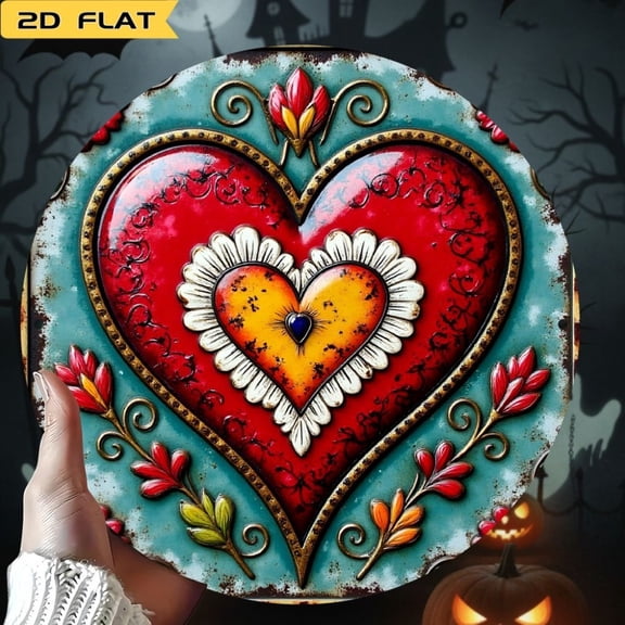HELLOYOUNG Sacred Heart Metal Wall Art 8 Inch Bohemian Decor Vintage Mexican Retro Talavera Folk Art Handmade Tin Sunburst Mirror for Home Office Living Room