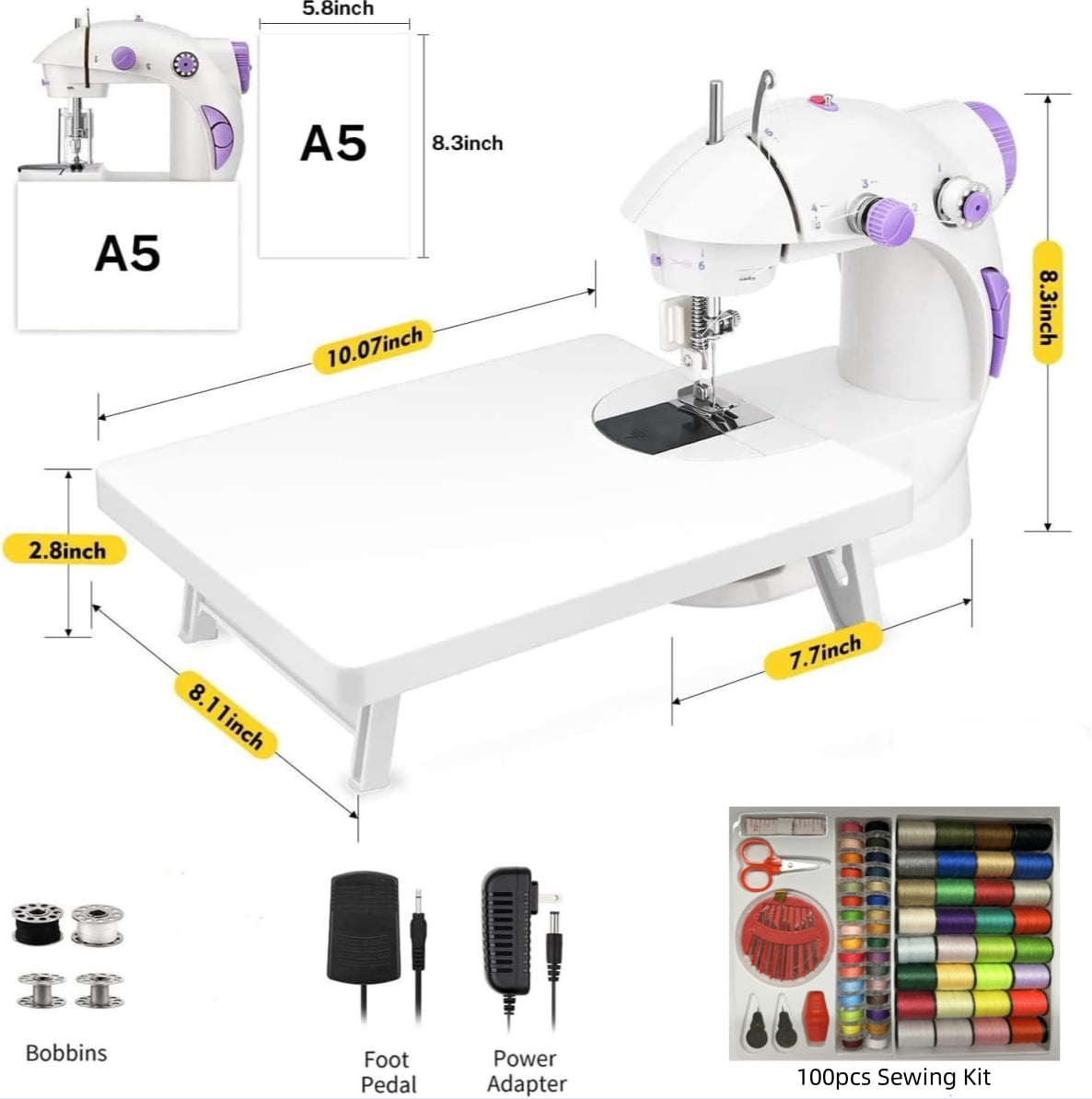 BSHAPPLUS® 110pcs Portable Mini Stitch Sewing Machine, Double Speed Switch with Lamp Thread Cutter, Extension Table, Sewing Kit for Beginner Adult Kids Arts Crafts Household, Travel