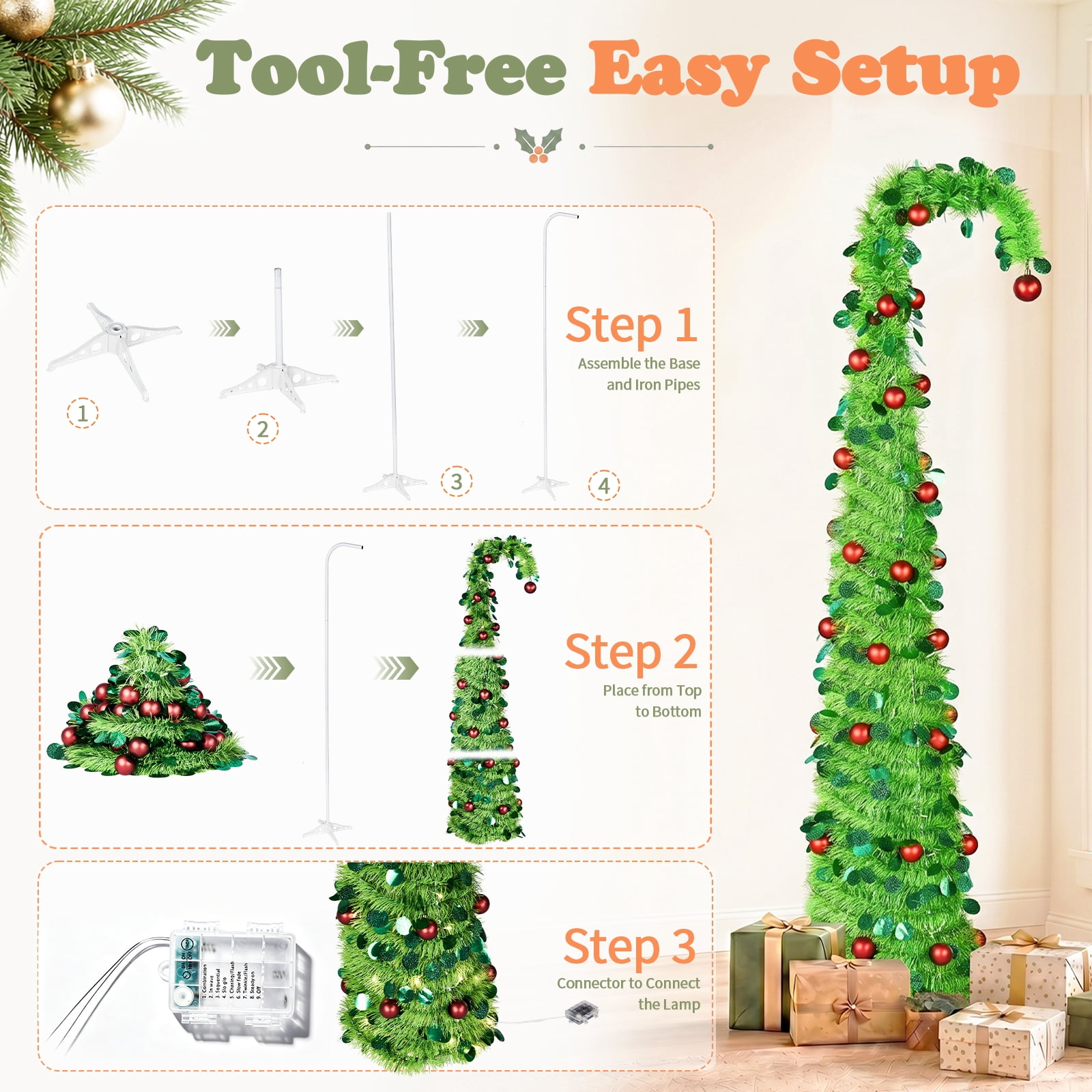 Astoutdoor 6 ft Green Bent-Top Telescopic Christmas Tree with Red Ball Ornaments, 100 Warm White LED Lights, 8 Modes, Battery Operated, PVC Pop-Up Holiday Tree