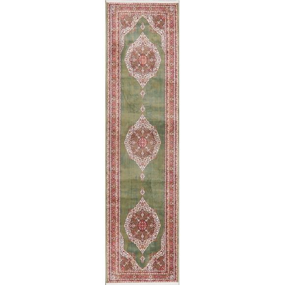 Floral Medallion Distressed Oriental Green Area Rug