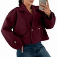 thumbnail image 2 of Women'S Cropped Trench Coat Double Breasted Lapel Collar Short Jacket Long Sleeve Fall Winter Outerwear Wine Red S, 2 of 7