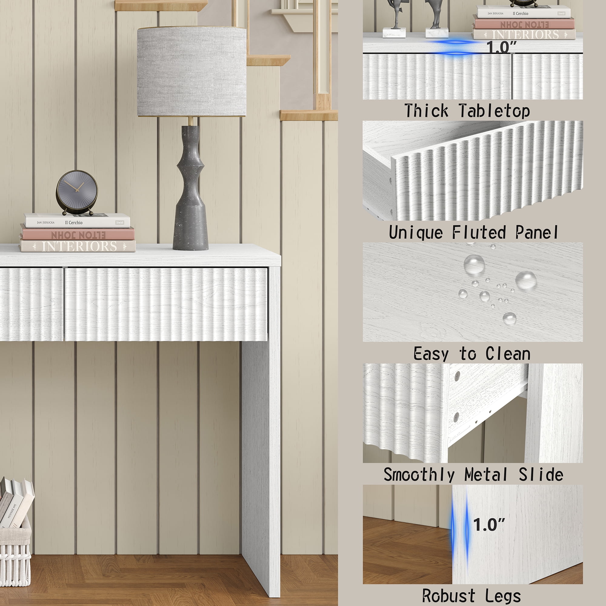 Furnihold 55"W Fluted Console Table with 3 Drawers, Narrow Long Entryway Table for Hallway, Living Room, White