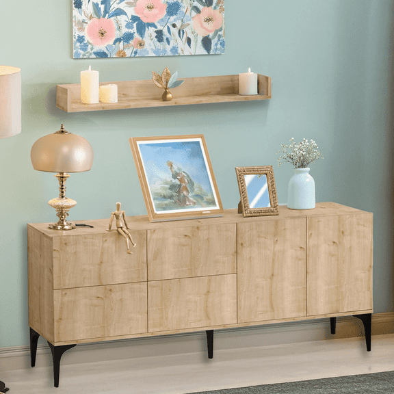 70.9'' Wide Rectangle 5 Cabinets Console Table With Wall Shelf