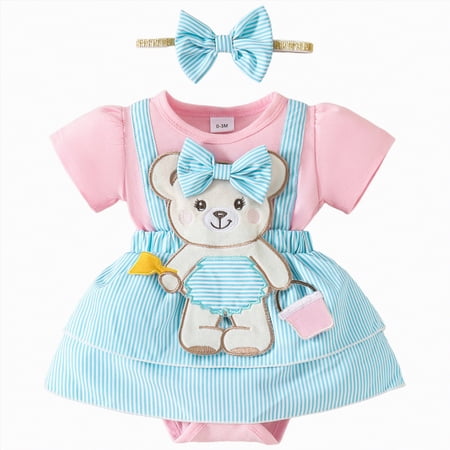Yindaity Baby Girl Summer Outfits Baby Girl Dress Romper Baby Romper Dress Infant Girl Summer Clothes with Headband(Pink 12-18 Months)