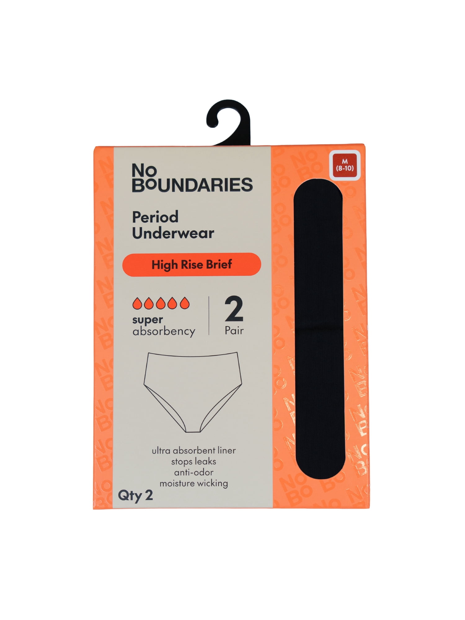 No Boundaries High-Rise Brief Super Absorbency Period Underwear, 2-Pack, Women’s Sizes XS-XXL