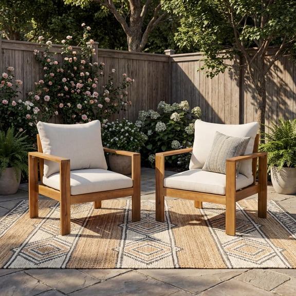 Outdoor Patio Acacia Wood Dining Chair Set of 2 with Thick Cushions, Weather-Resistant Water-Repellent Chairs for Garden Backyard Porch, Teak Beige