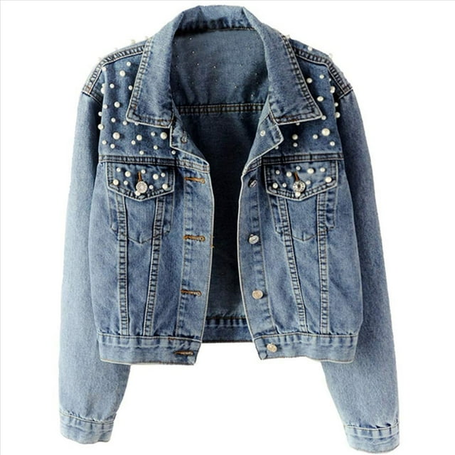Chaqueta Vaquera Extragrande para Mujer con Perlas Bordadas y Abalorios Azul S