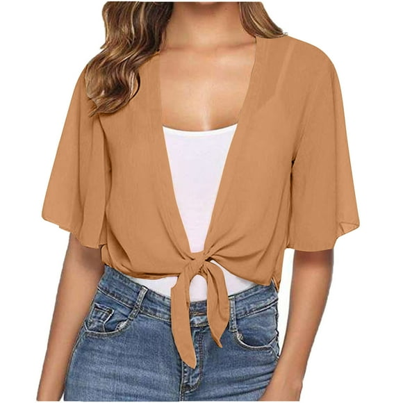 AherBiu Summer Cardigans for Women Lightweight Shrug Cropped Tops Open Front Short Sleeve T Shirts