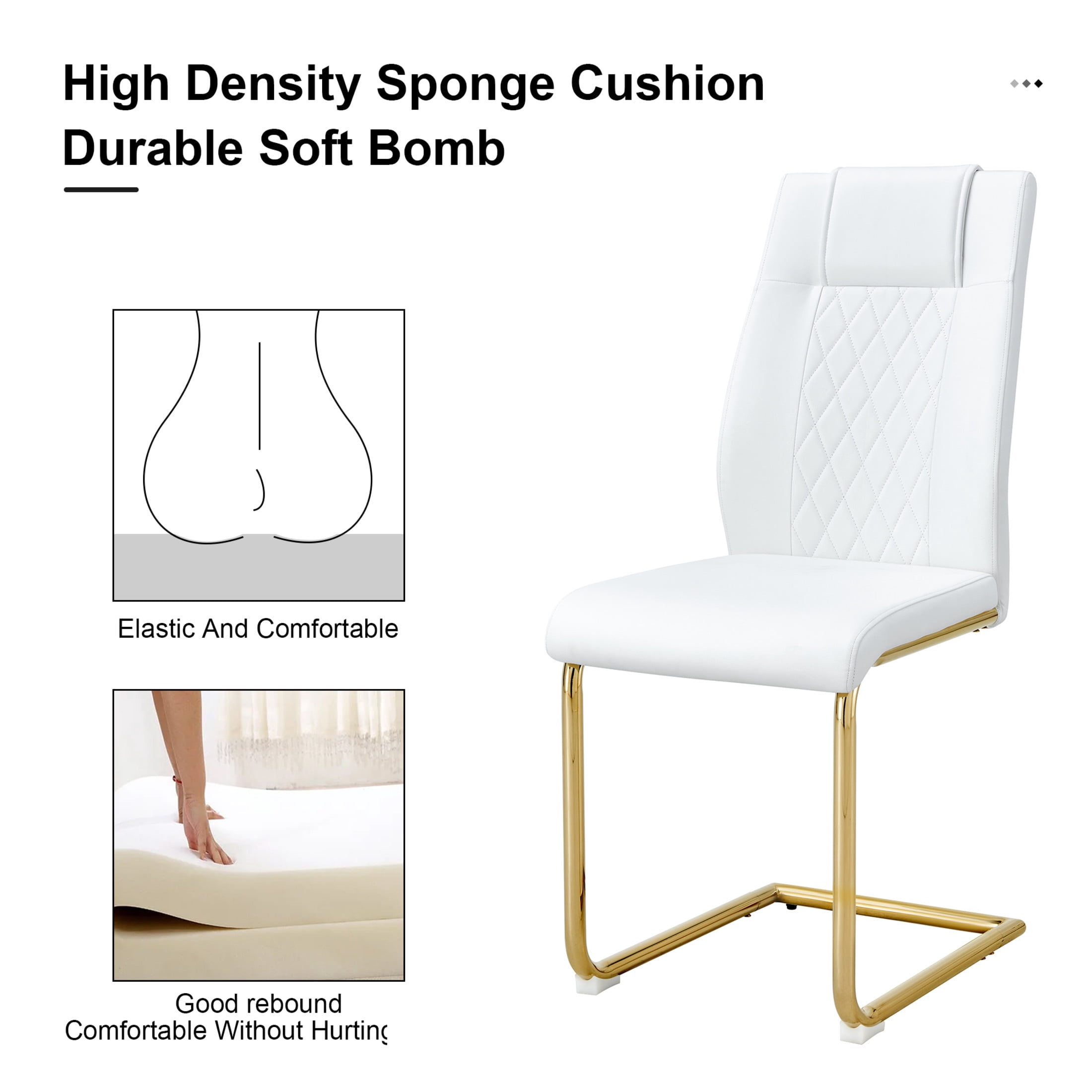 Noble House Modern Upholstered Dining Chairs, Faux Leather Padded Seat Side Chair, Golden Metal Legs, White, Set of 4