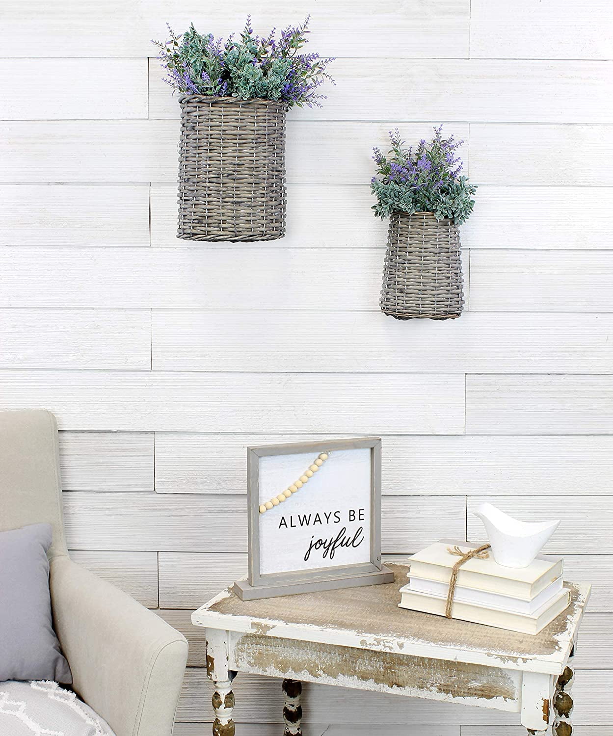 AuldHome Design Wall Hanging Baskets (Set of 2, Gray); Woven Wicker Rustic Farmhouse Gray Washed Door Baskets, Small and Medium Size