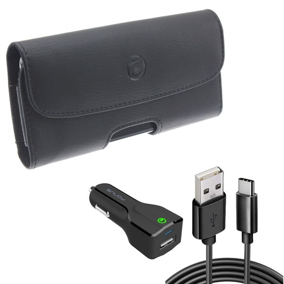 Case Belt Clip & Car Charger for iPhone 15 Pro - Leather Holster Cover Pouch and 18W Fast USB Port 6ft Cable Type-C Q4P for iPhone 15 Pro (6.1")